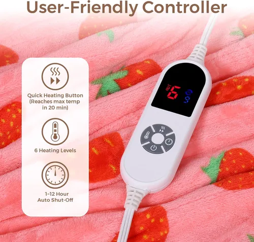 Vista 3 de Manta eléctrica con calefacción, manta de franela suave y Sherpa con 6 niveles de calentamiento y 12 horas de apagado automático, lavable a máquina