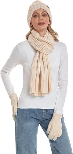 Vista 5 de Coolprince Gorro de invierno para mujer, bufanda larga, guantes para pantalla táctil, con forro polar, gorro de punto cálido con pompón