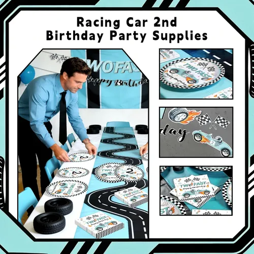 Vista 3 de Decoración de fiesta de 2º cumpleaños de coche de carreras para niños, dos platos y servilletas de papel desechable, dos rápidos, dos, curiosos, 2