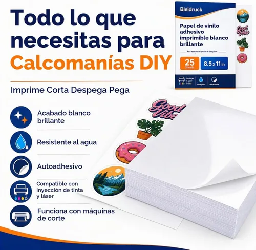 Vista 5 de Papel adhesivo de vinilo imprimible blanco brillante, 25 hojas de 8.5 x 11 pulgadas, hojas autoadhesivas impermeables para inyección de tinta e