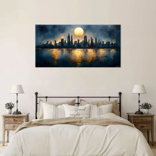 Vista 5 de GAFSING Lienzo decorativo para pared, diseño de luna dorada, paisaje urbano, impresiones en lienzo abstracto, pintura artística, imagen, decoración