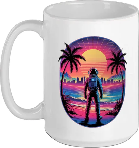Vista 16 de Vaporwave Synthwave Astronaut Spaceman Science Space Ceramic Mug, Black/White, 11oz