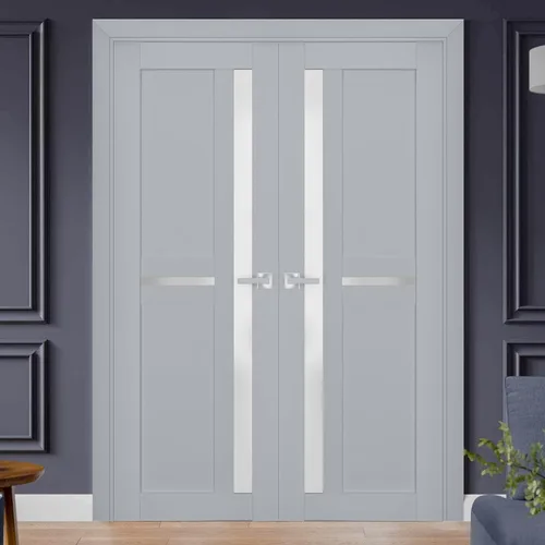 Vista 2 de Puertas dobles francesas interiores sólidas de 72 x 80 pulgadas, Veregio 7288 gris mate con vidrio esmerilado, bordes de marco de panel sólido