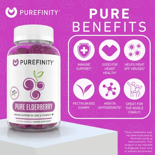 Vista 3 de PUREFINITY Gomitas de saúco con sambucus, vitamina C y zinc, tu suplemento diario perfecto 3 en 1 para niños y adultos, sin gluten, sin OMG
