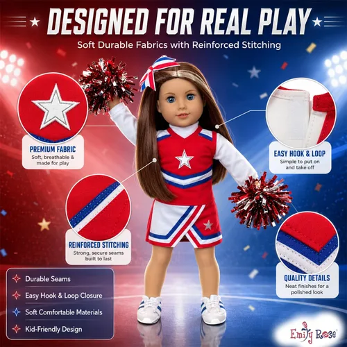 Vista 3 de Emily Rose Traje de animadora de muñeca de 18 pulgadas, sin muñeca, juego completo de uniforme de animadora de 7 piezas con pompones, zapatos, lazo