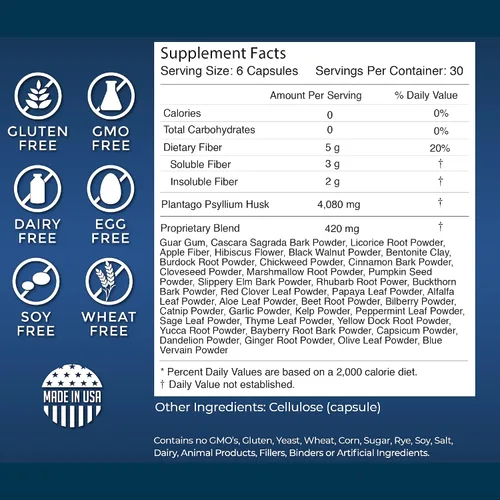 Vista 5 de Pura Cleanse Fiber Caps Cápsulas de desintoxicación de hierbas y fibra 100% naturales, limpieza diaria y desintoxicación para el colon, la piel