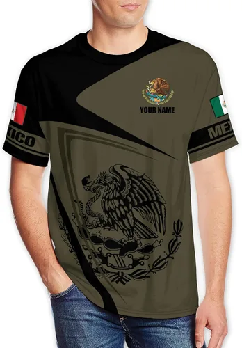 Vista 2 de Camiseta personalizada 3D de México para hombres con nombre, camiseta de manga corta con cuello redondo y bandera mexicana para hombre, camisas