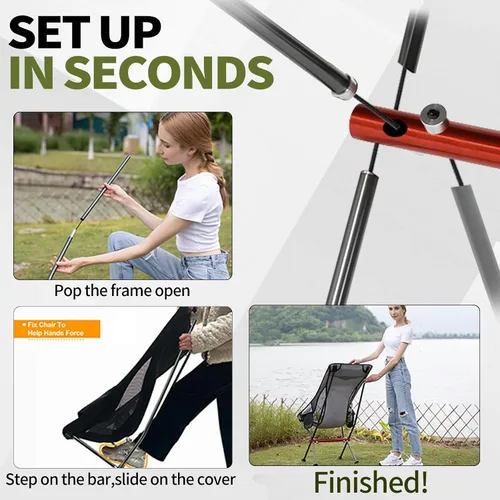 Vista 4 de SHALLWE Camping Chairs, All Aluminum Frame Portable Folding Camp Chair for Adults, Heavy Duty High Back Collapsible with Built-in Pillow, Side