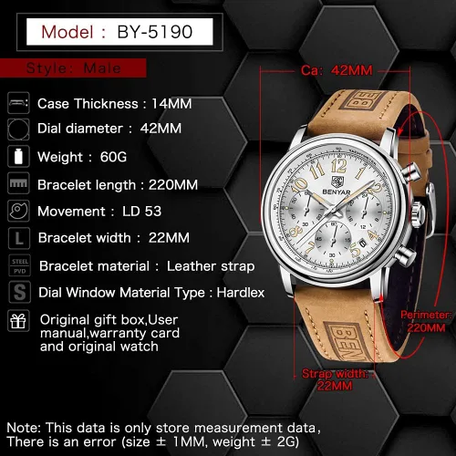 Vista 6 de BENYAR - Reloj de pulsera elegante para hombre, reloj de correa de cuero auténtico, movimiento de cuarzo perfecto, impermeable y resistente a