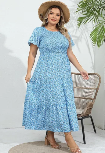 Vista 6 de Vestido largo escalonado fruncido para mujer, talla grande, con bolsillos, elegante, manga corta, cuello redondo, floral, bohemio, vestido bohemio