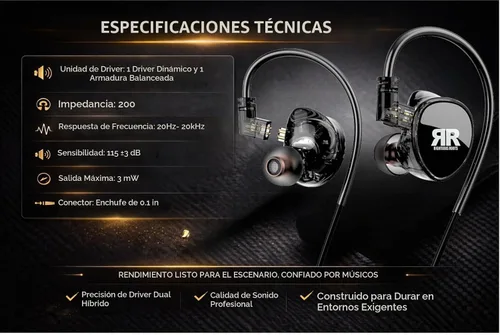 Vista 6 de Righteous Roots RR-EV1 - Monitores intrauditivos profesionales de doble controlador (IEM) con estuche de transporte, auriculares de escenario