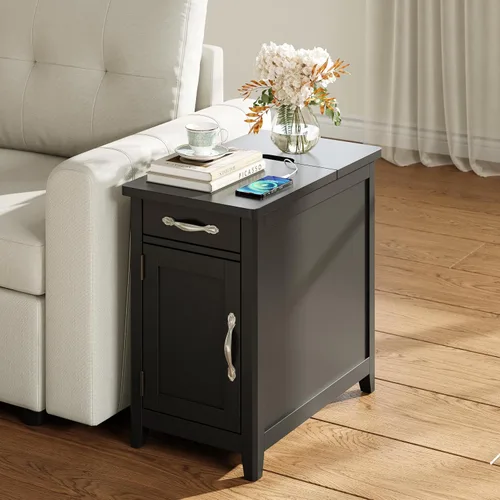 Vista 2 de LINSY HOME - Juego de mesas auxiliares de 2 piezas con estación de carga, mesa auxiliar moderna de estilo granja para sofá, mesa auxiliar de madera