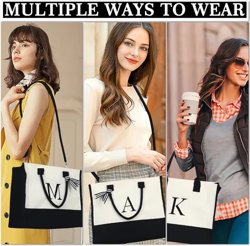 Vista 2 de YOOLIFE Regalos personalizados para mujer, bolsa de lona con monograma con organizador con cremallera, regalo de cumpleaños para mujeres, Blanco, B