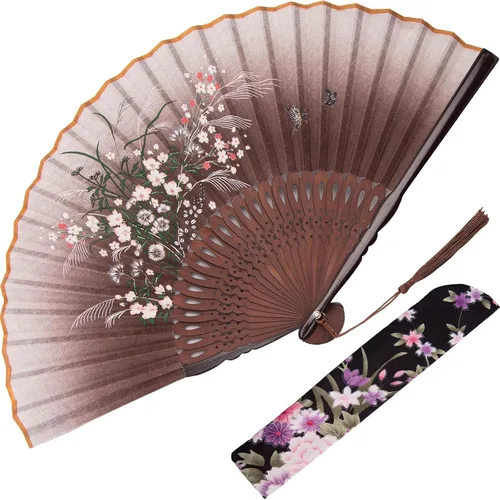 Vista 9 de JOHOUSE Abanico de mano plegable de tela negra con borla y funda – Elegante abanico plegable de mano para mujeres, abanicos de boda para invitados