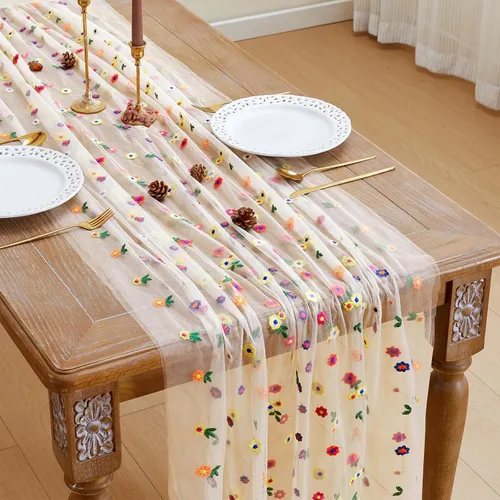 Vista 10 de JIALE Camino de mesa floral negro, decoración de mesa de temporada de margaritas bordadas, 120 pulgadas, 10 pies, tela de tul para decoración