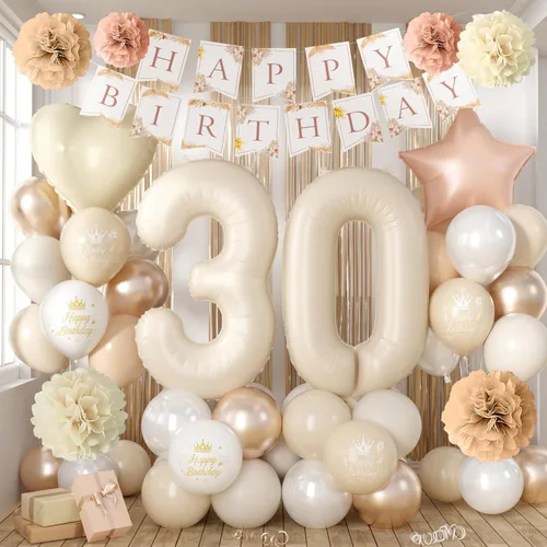 Vista 10 de Decoraciones de cumpleaños número 13 en crema para niñas, globos beige con número 13 en forma de corazón y estrella marrón, globos neutros