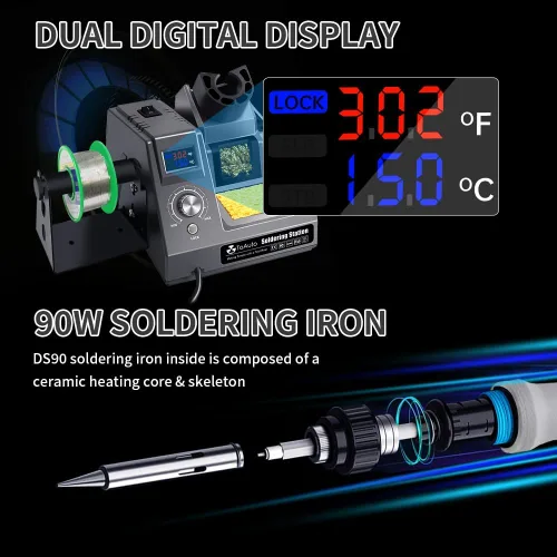 Vista 3 de TOAUTO DS90 - Kit de estación de soldadura con pantalla digital dual °F y °C, soldador de 90 W, temperatura de 302 ℉ a 842 ℉, diseño antiestático