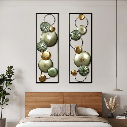 Vista 4 de LuxenHome - 2 piezas de arte de pared de metal, círculos multicolor de 36 x 12 pulgadas, decoración de pared rectangular abstracta de metal