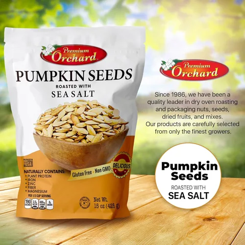 Vista 3 de Semillas de calabaza tostadas para comer en cáscara de Premium Orchards Mezcla de frutos secos – Salado con sal marina – Snacks veganos frescos