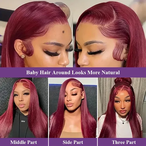 Vista 5 de bunGiol Pelucas de cabello humano con encaje frontal color borgoña 99j de 13 x 6 pulgadas, prearrancadas, pelucas de cabello humano lacio HD