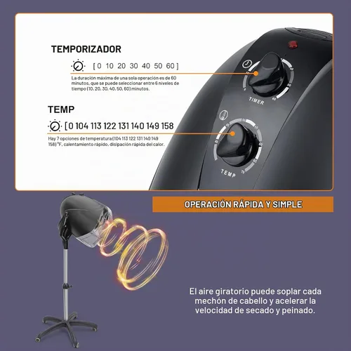 Vista 4 de Elitzia Secador de pelo con capucha de 1000 W con temporizador y control de Negro