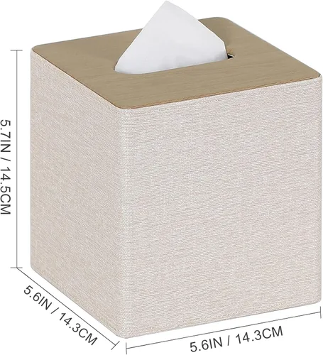 Vista 7 de Caja de pañuelos cuadrados para caja de pañuelos, paquete de 2 unidades, soporte de piel sintética para decoración de tocador de baño (beige)