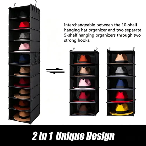 Vista 4 de LADYBRO Oxford Cloth Hat Rack for Closet, 10-Shelf Organizer for Fedora, Sunhat, Cowboy, Baseball Cap, 2 Separate 5-Shelf, Hanging for Storage or
