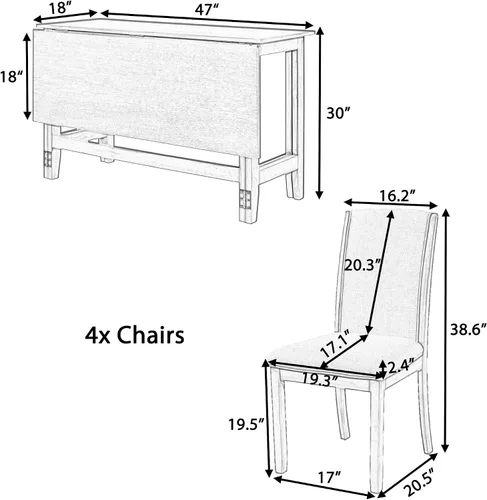Vista 3 de Juego de mesa de comedor extensible rústica de 5 piezas con hojas caídas y 4 sillas de comedor tapizadas, mesa de madera maciza para comedor