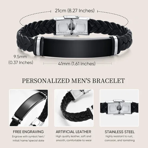 Vista 6 de MEALGUET Pulsera de cuero personalizada para hombres regalo para el día de San Valentín para hombres, pulsera de cuero trenzado grabada con nombre