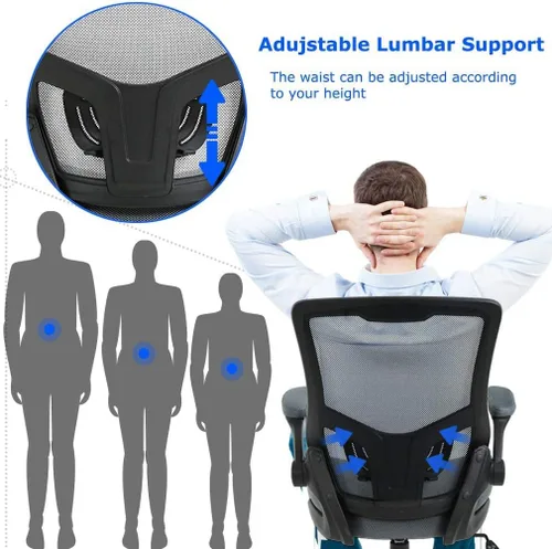 Vista 4 de Silla de oficina de malla, silla de computadora de respaldo medio con soporte lumbar y brazos abatibles, ergonómica, elegante, ajustable, giratoria