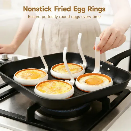 Vista 2 de 4 Pcs Egg Rings for Nonstick Frying, 4 in Egg Molds with Foldable Handle, Leak-Proof Design, Heat-Resistant Up to 400 ℉, for Breakfast Sandwich Maker