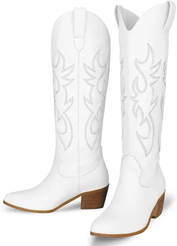 Vista 3 de STALOV Botas vaqueras bordadas para mujer, botas vaqueras de moda con punta occidental de tacón grueso, botas vaqueras altas hasta la rodilla