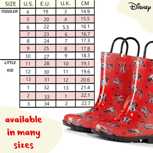 Vista 6 de Disney Minnie Mouse - Botas de lluvia de PVC para niñas, ligeras e impermeables, con asa fácil de poner, para niños pequeños y pequeños, color rosa