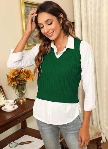 Vista 7 de HOCOSIT Chaleco de punto con cuello en V para mujer, estilo preppy a cuadros, sin mangas, suéter corto