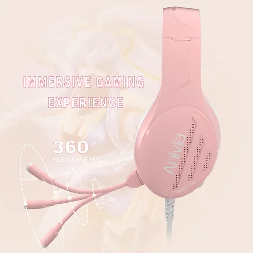 Vista 4 de Anivia - Auriculares de computadora con sonido envolvente estéreo con cable con micrófono para PC, MAC, PS4, PS5, Xbox One, color rosa
