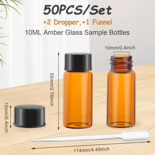 Vista 2 de Paquete de 50 botellas de aceite esencial de vidrio ámbar de 0.3 onzas líquidas con tapas de rosca, botella de vidrio de viaje recargable vacía