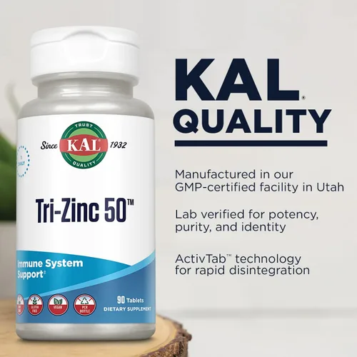 Vista 4 de KAL Suplemento Tri Zinc de 50 mg para hombres y mujeres, citrato de zinc, quelato de aminoácidos y picolinato, 50 mg por porción, apoyo del sistema