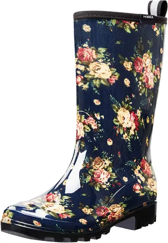 Vista 9 de HISEA - Botas de lluvia para mujer, impermeables, a media pantorrilla, botas de jardín para mujer Abeja azul