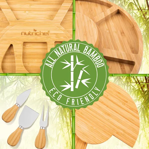 Vista 7 de NutriChef Set de tabla de queso de bambú natural con taza de condimentos extra grande de bonificación - Tamaño 100% orgánico para el hogar, plato