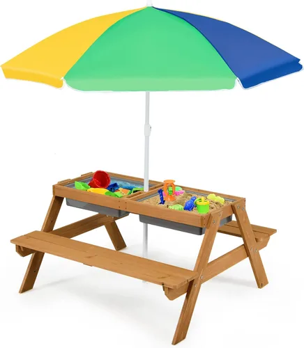 Vista 12 de Costzon Mesa de Picnic para Niños con Contenedores Sensoriales, Mesa de Arena y Agua 4 en 1 con Sombrilla de Altura Ajustable, Superficie de Mesa