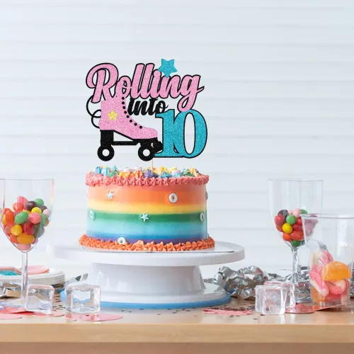 Vista 5 de Decoración para tartas de 10 años con diseño de patín de 10 años, decoración de pastel de 10 años de edad, retro, para niñas, club, hip hop, fiesta