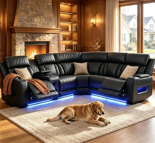 Vista 23 de Juego de sofá seccional reclinable de cuero, sofá seccional con 4 sillones reclinables Juegos de muebles de sala con 3 reclinables, luz LED