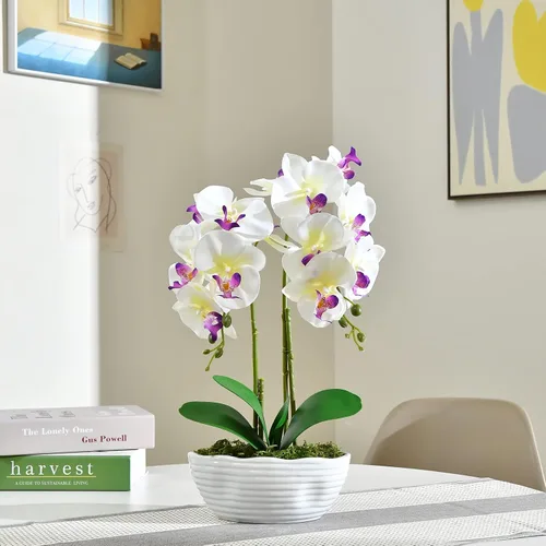 Vista 4 de Planta de orquídea artificial grande en maceta, arreglo floral de seda con jarrón de cerámica, color blanco