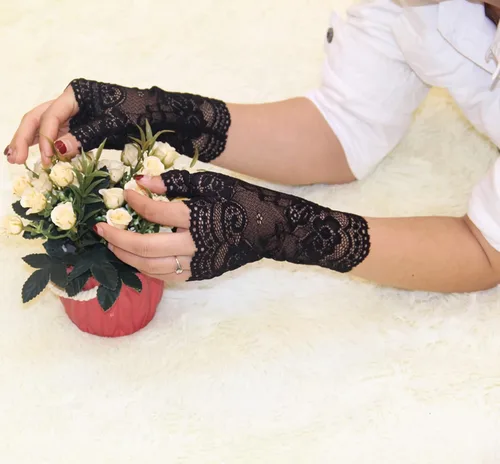 Vista 5 de Papoopy Guantes de encaje blanco para mujer, para bodas, fiestas de té, cosplay, disfraces