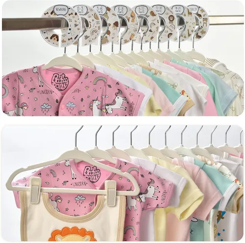 Vista 2 de Babyrish Perchas de terciopelo para bebé con 10 clips y 8 divisores (paquete de 30) Perchas ultrafinas para ropa de bebé de 11 pulgadas Fieltro