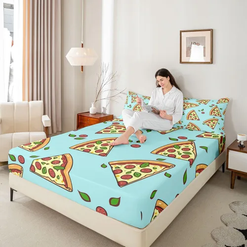 Vista 5 de Juego de sábanas de pizza de dibujos animados para niños, adolescentes, sábana bajera moderna y bohemia para niños y adultos, suave, verde