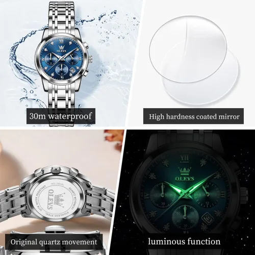 Vista 4 de OLEVS Reloj multifuncional de dos tonos para mujer, reloj analógico de cuarzo para mujer, de acero inoxidable, resistente al agua, con diamantes
