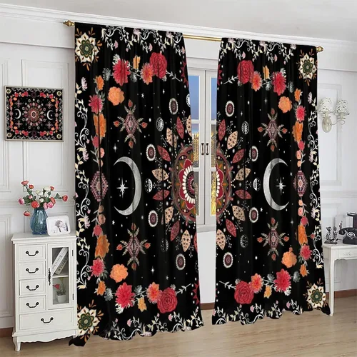 Vista 4 de Cortinas bohemias de fases lunares con diseño de mandala rojo y negro, bohemio, floral, gótico, iluminado por la luna, juego de 2 paneles para Luna