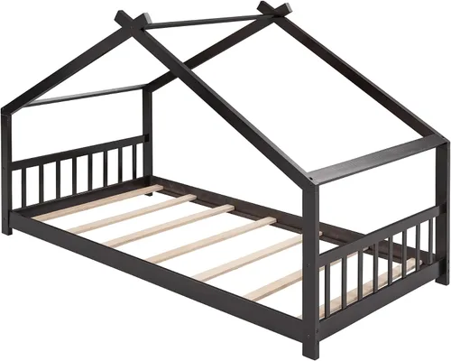 Vista 4 de Merax Camas Montessori de madera para niños con cabecero, marco de cama de suelo para niños y niñas, no necesita somier (individual, espresso)