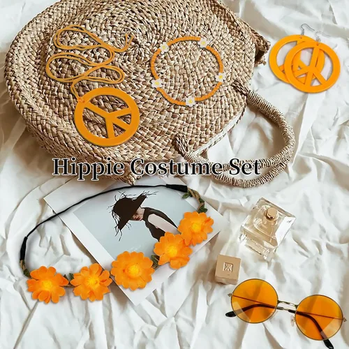 Vista 6 de WOVOWOVO Accesorios hippie de los años 60 y 70, 6 piezas, disfraz hippie bohemio, trajes geniales para Halloween, discoteca, carnaval, fiestas
